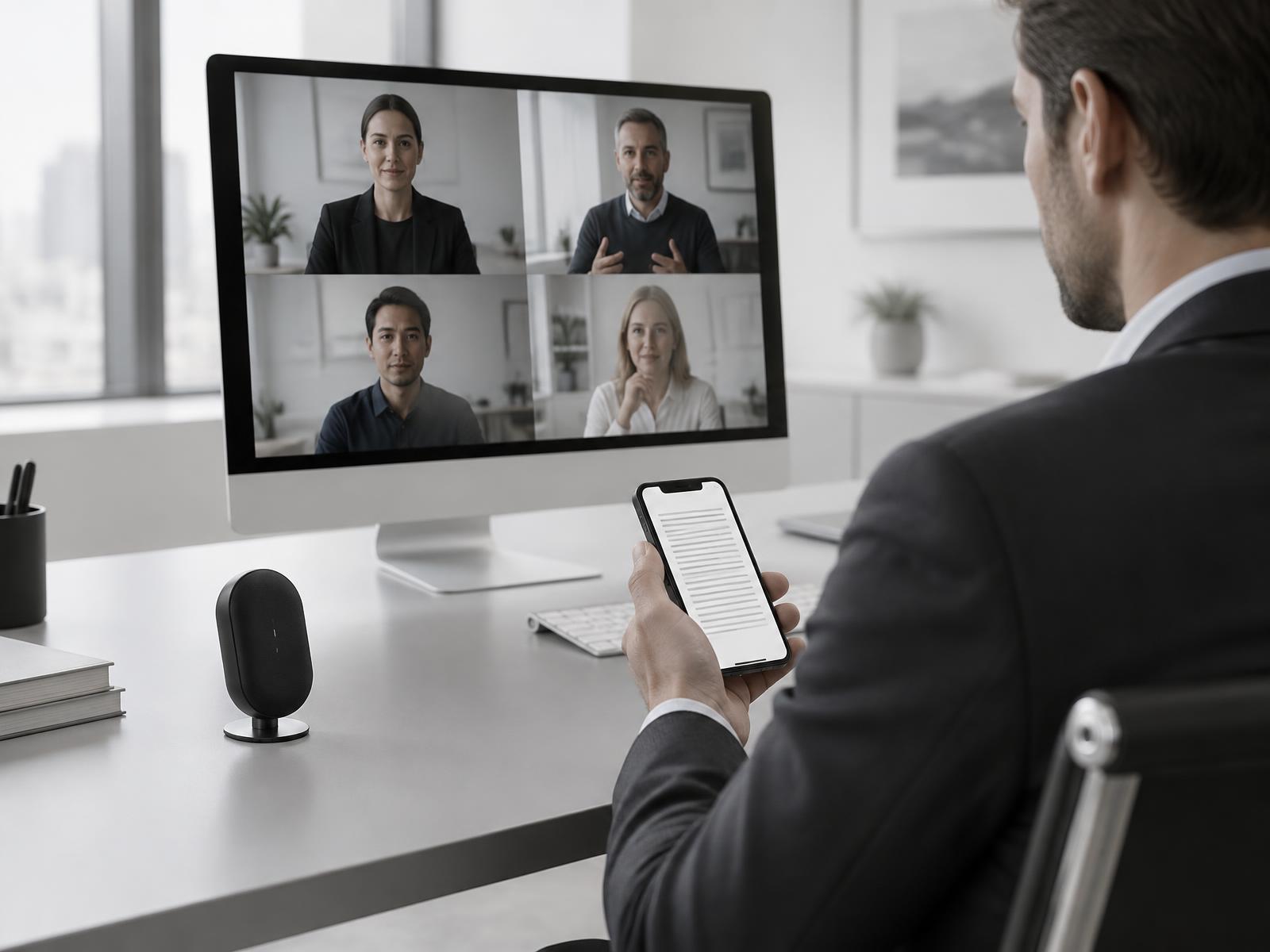 note standing on a desk during a video call while the transcript runs on a phone